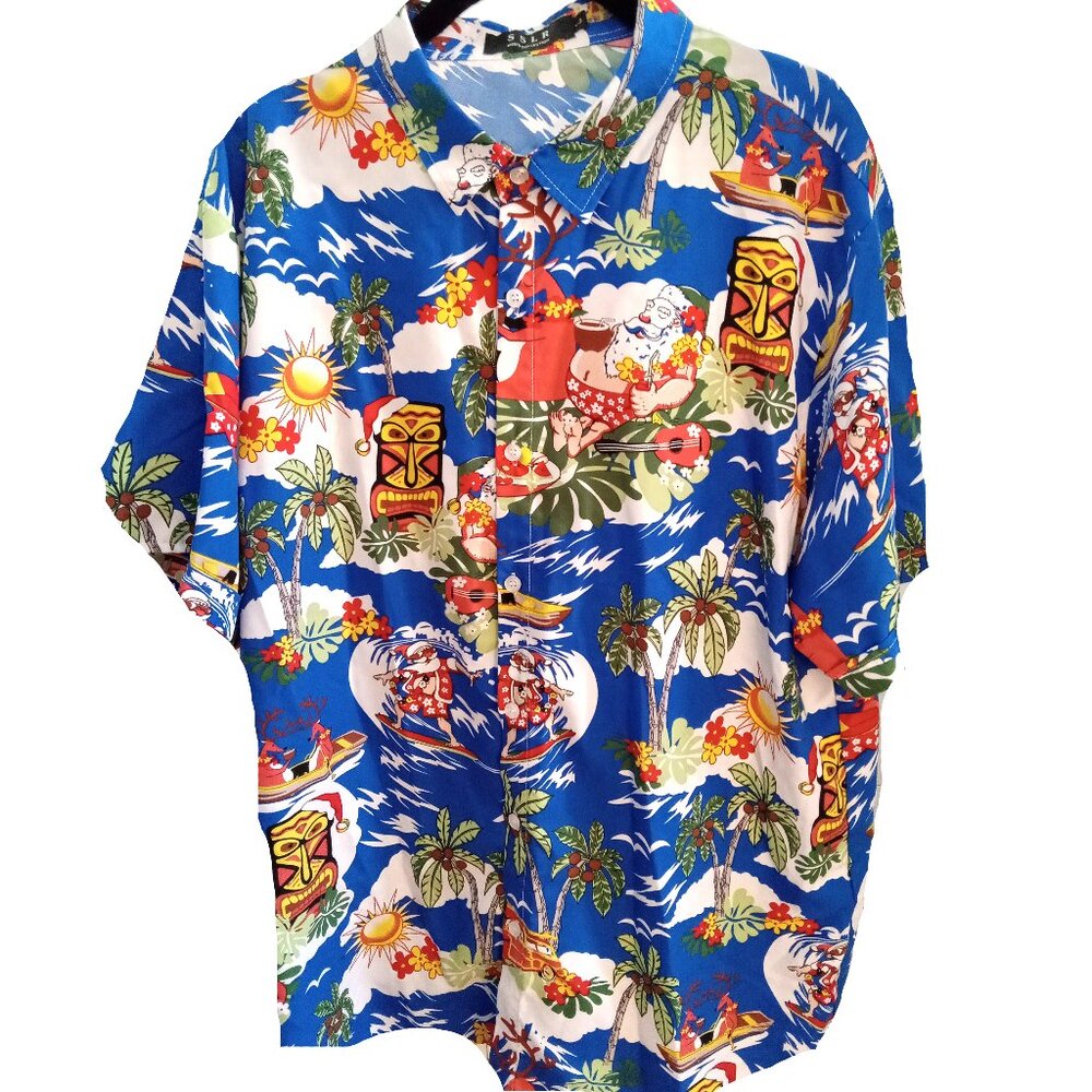 Hawaiian Tropical Christmas Santa Floral button down short sleeve mens shirt L